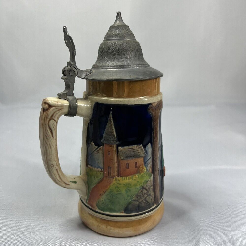 Vintage 5” Beer Stein Mug With Pewter Lidded Bard And Cottage Design